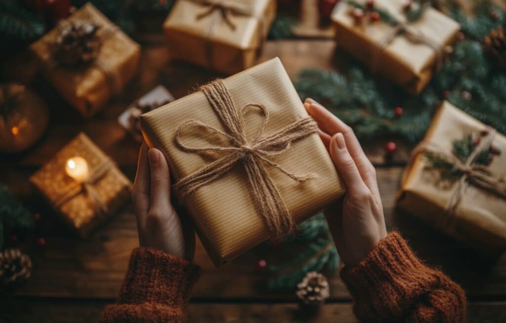 A pair of hands presents a beautifully wrapped gift with twine. The scene features other neatly placed packages, pinecones, and greenery, evoking a warm holiday atmosphere.