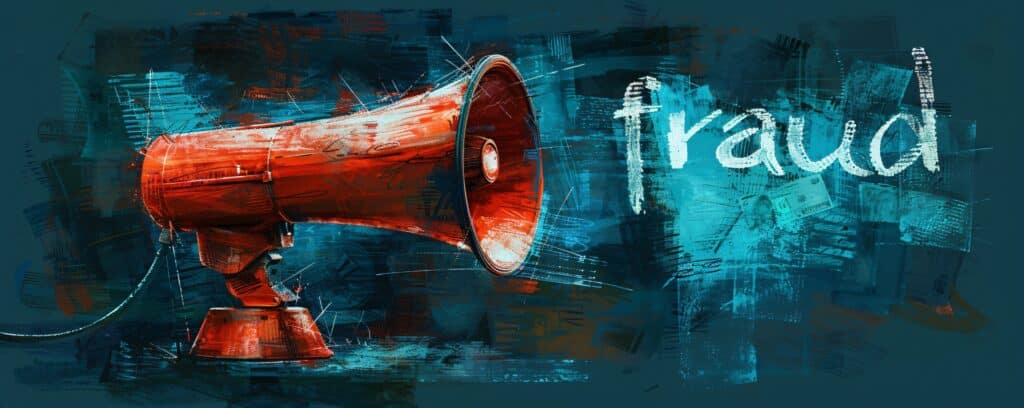 A red megaphone draws attention to the word fraud against a textured blue backdrop, emphasizing a serious warning